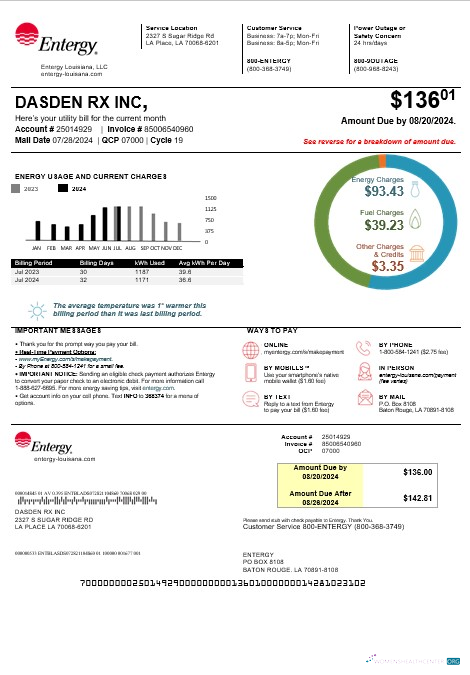 USA Louisiana Entergy business utility bill template in Word and PDF formats, version 2